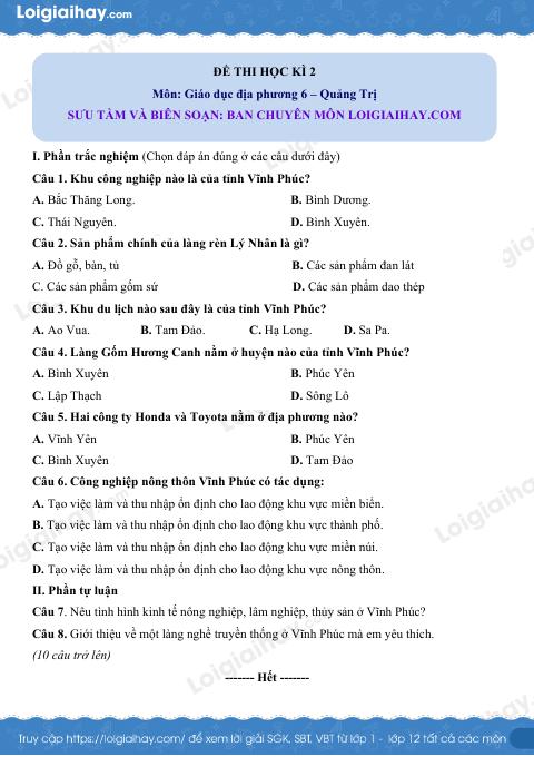 Đề thi HK2 GDĐP 6 Vĩnh Phúc - loigiaihay.com